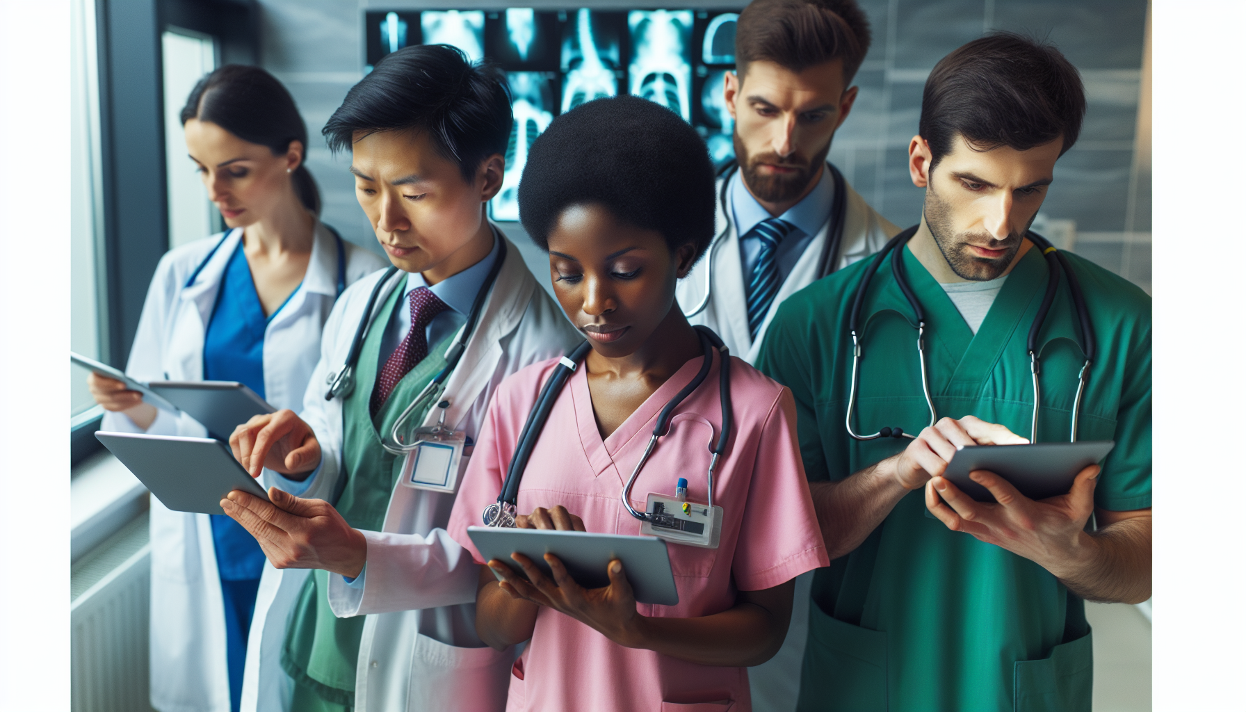 personal médico utilizando tabletas para acceder a datos de pacientes en tiempo real