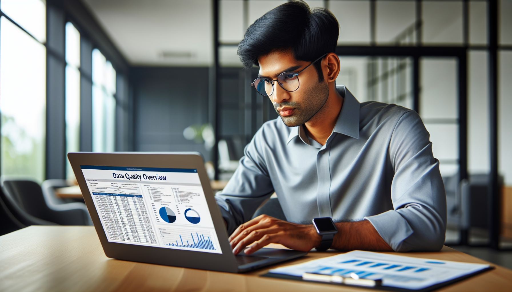 Un ingeniero de datos revisando un informe de calidad de datos en su computadora portátil.